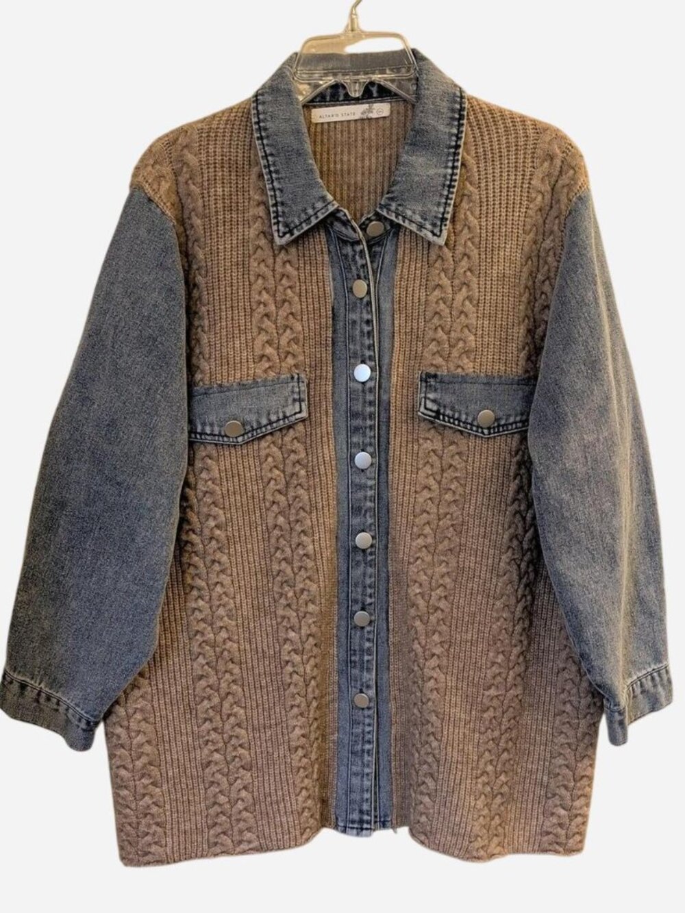 Altar'd State Wilma Cable Knit Denim Shacket | Taupe & Denim | S/M - Picture 3 of 8